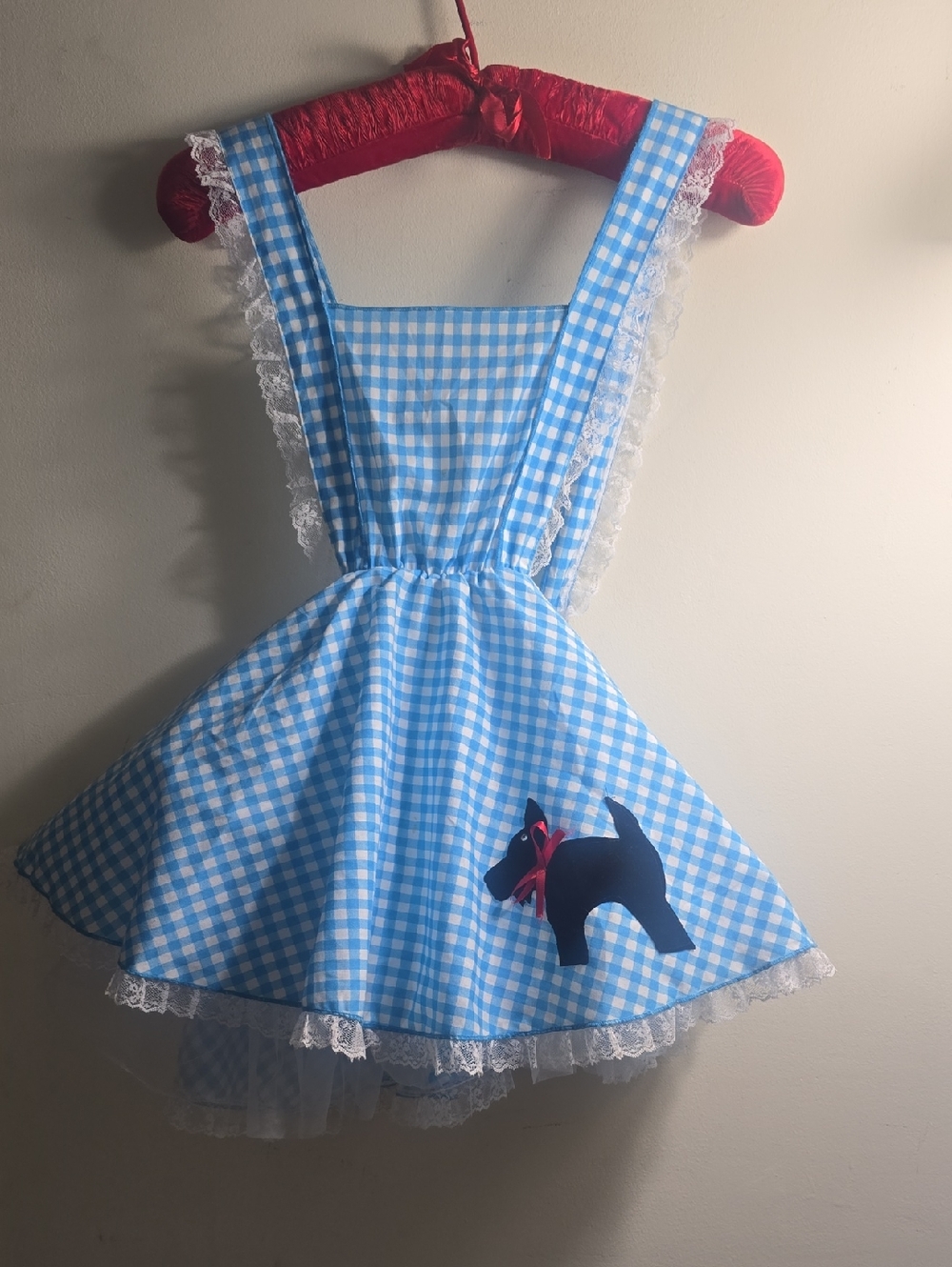 Blue Gingham Pinafore Dress with Dog Appliqué
